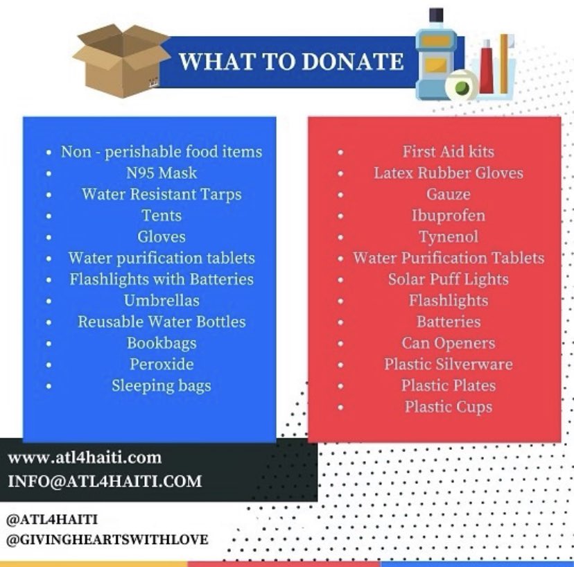 RebeccaAzor's tweet photo. #Atlanta, here are 3 verified drop off locations to get supplies to #Haiti. One being directly to a Haitian organization’s physical site, and the two others are #Haitian businesses. Also, not sure what supplies to drop off? Check out the list below provided by #Atl4Haiti. 🇭🇹 https://t.co/uCou8Whe8A