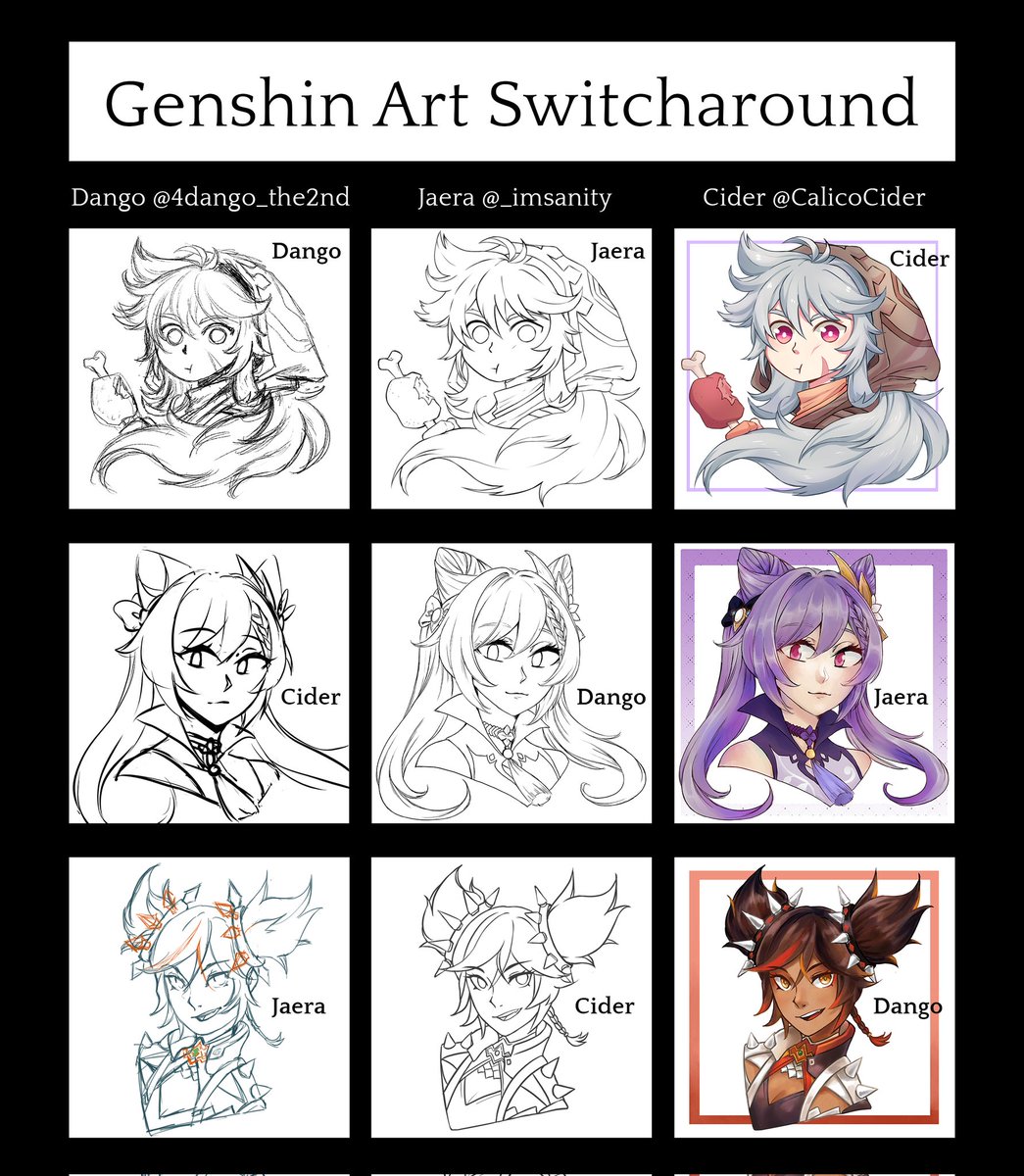 I did a (super quick) genshin art switcharound with @CalicoCider and @/_imsanity with our respective mains !!

This is the fastest art trade I've ever done lmaoooo

#GenshinImpact 