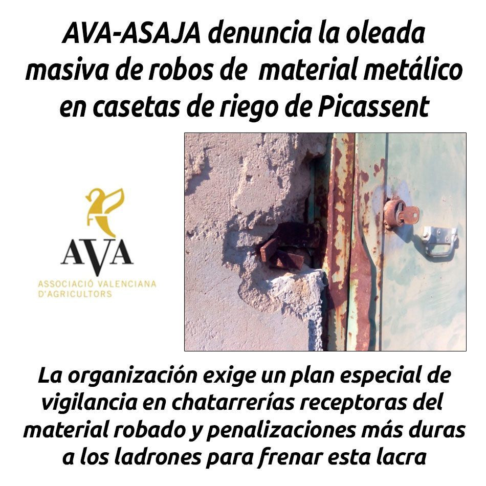 AVA-ASAJA DENUNCIA LA OLEADA MASIVA DE ROBOS DE MATERIAL METÁLICO EN CASETAS DE RIEGO DE PICASSENT

hosteleriaenvalencia.com/noticias.asp?i…

@ava_asaja #avaasaja #HosteleriaEnValencia #RobosDeMaterialMetalico #CasetasDeRiego #Picassent #PlanDeVigilancia #PuertasMetalicas #CristobalAguado #Robos