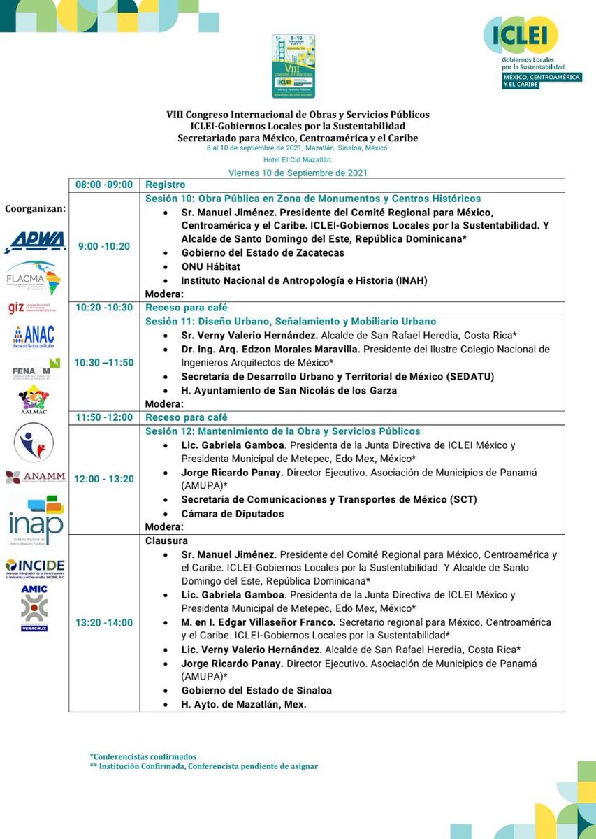 <a href="/ICLEI/">ICLEI</a> – Gobiernos Locales por la Sustentabilidad organiza, en colaboración con #AMICVeracruz el VIII CONGRESO INTERNACIONAL DE OBRAS Y SERVICIOS PÚBLICOS en #Mazatlán, #Sinaloa los días 8, 9 y 10 de Septiembre del presente año. 
Cupo limitado.
Informes:
gerencia@amicveracruz.org