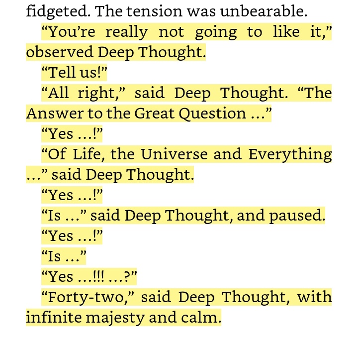 claymachine's tweet image. The Hitchhiker's Guide to the Galaxy. 🌌🛸👍

Mungkin selama ini bukan karena kita tidak tahu jawabanya, bisa jadi karena kita salah menanyakan sesuatu.

What a great book from a great author, Don't Panic!
