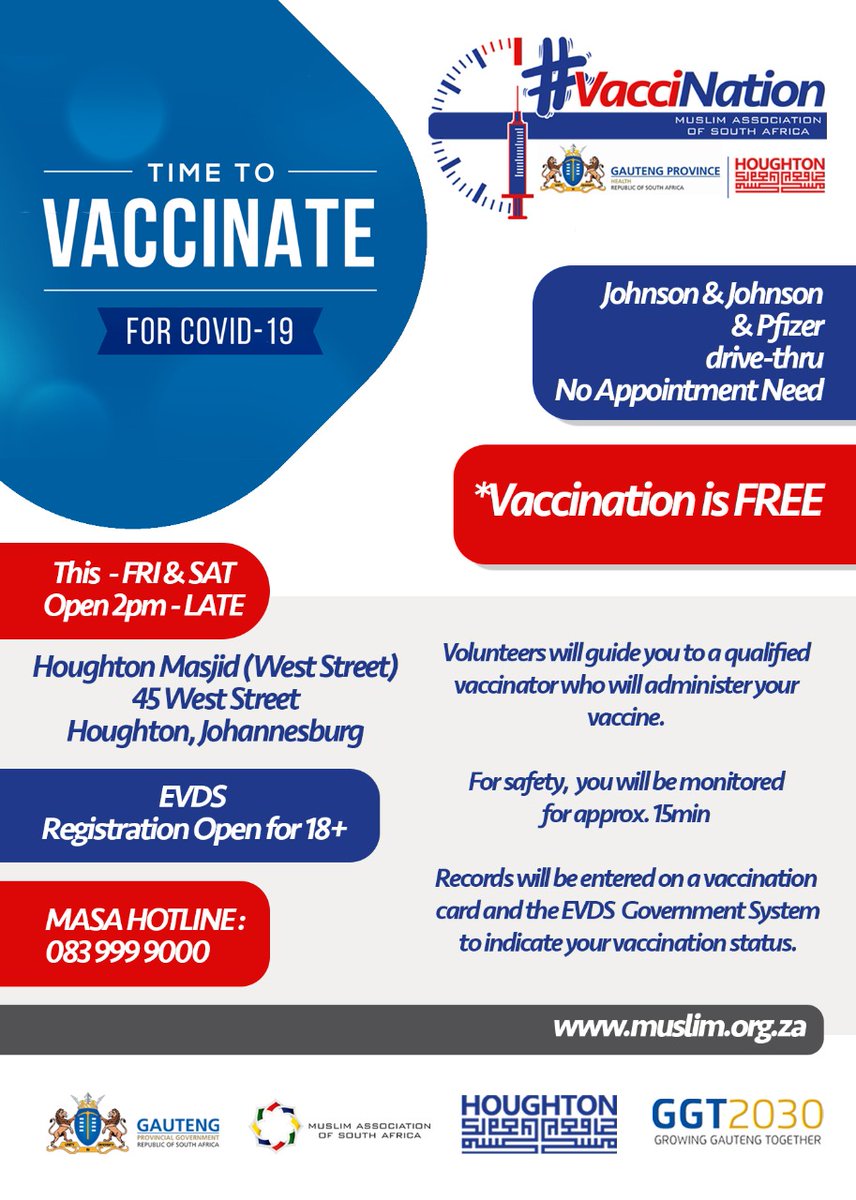 MuslimAssocSA's tweet photo. #GetVaccinated #LetsDoIt 
We will also be open tomorrow from 14h00 till late!

Let's beat all previous records and get as many citizens vaccinated tomorrow and on Saturday. 

#VacciNation drive-thru site 💉👌🏽
#GPVacciNation https://t.co/lgkPtbgqSn