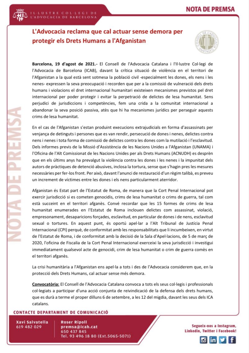 Des de l’#AdvocaciaCatalana <a href="/conselladvocat/">Consell de l’Advocacia Catalana</a> @comunicacioicab reclamem que s’han de protegir immediatament els DDHH a l’Afganistan🇦🇫. Apel·lem a <a href="/IntlCrimCourt/">Int'l Criminal Court</a> i la comunitat internacional a actuar en virtut de l’Estatut de Roma! 

icab.cat/ca/actualitat/…