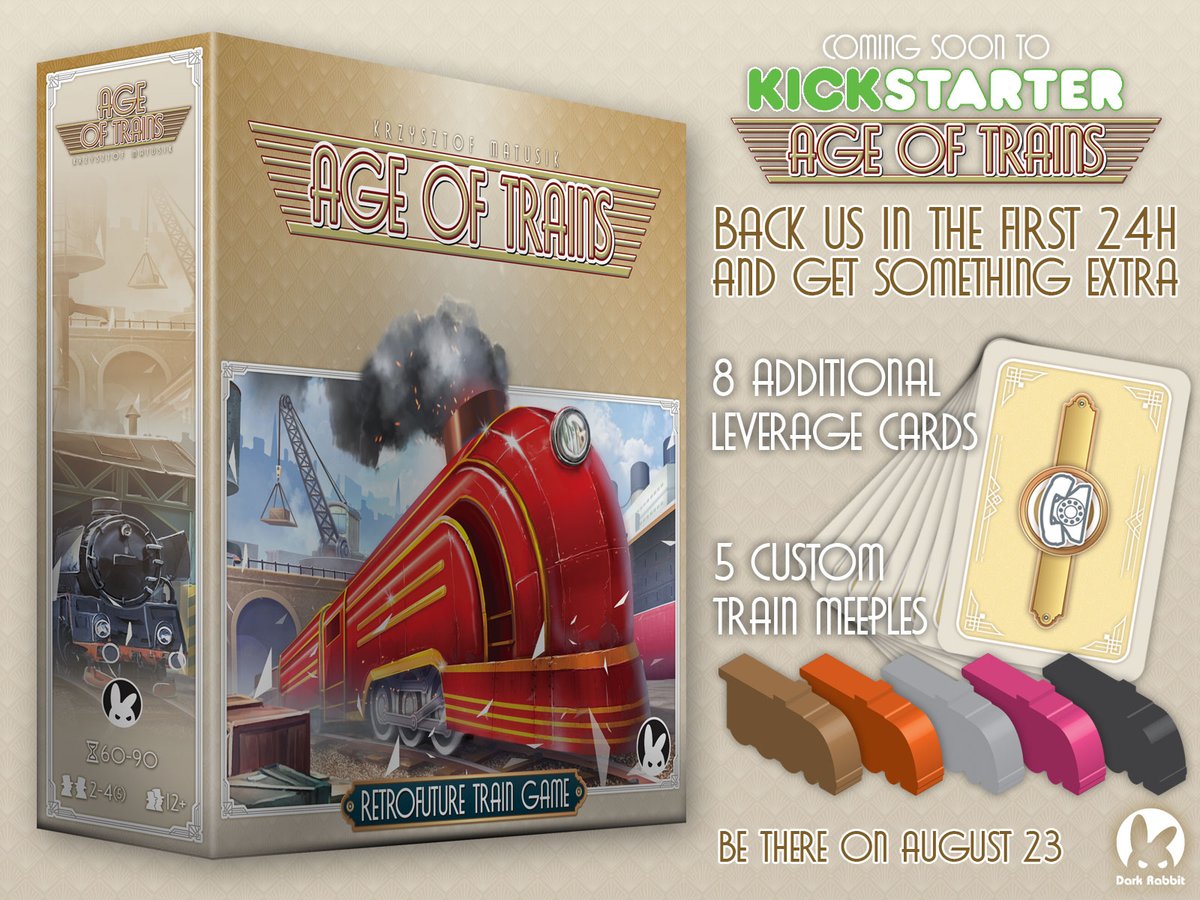 DarkRabbitPL's tweet image. The KS campaign for our upcoming game Age of Trains begins August 23, 2021! Be sure to be there, as the early birds can get some extra stuff! #age #of #trains #kickstarter #crowdfunding #tabletop #gaming