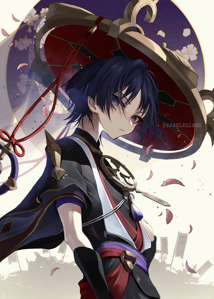 scaramouche (genshin impact) 1boy male focus hat solo jingasa looking at viewer short sleeves  illustration images