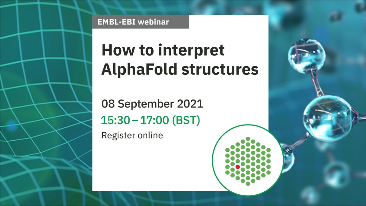 Join our new webinar where we will introduce the #AlphaFold database and take you through the strengths and limitations of #AlphaFold system for prediction and interpretation of protein structures. 

Register now before places fill up - ebi.ac.uk/training/event…