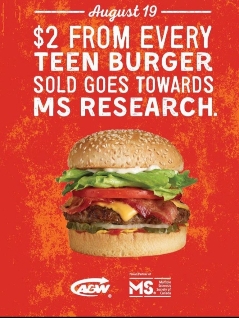 sunflowermel123's tweet photo. With approximately 1 in every 400 Canadians live with MS.      
Burgers to Beat MS is A&amp;W’s annual fundraiser that aims to raise money for multiple sclerosis. today give some thought to a teen burger. Without research dollars, there will be no cure. Lets End This Disease. https://t.co/VsPK1J3HdJ