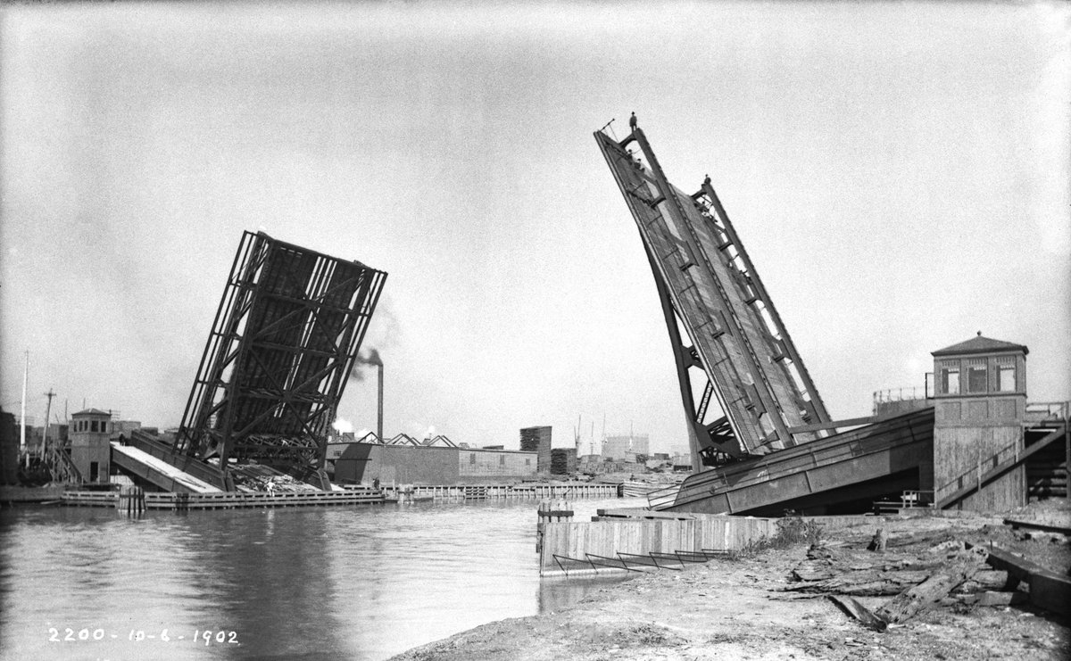 MWRDGC's tweet photo. Historical Photo of the Day: A view to the northeast showing the nearly complete Ashland Avenue bridge over the South Branch of the Chicago River on October 6, 1902. The bridge was built by the Sanitary District (now @MWRDGC) and was open to traffic in January 1903. https://t.co/cbKqGWIn89