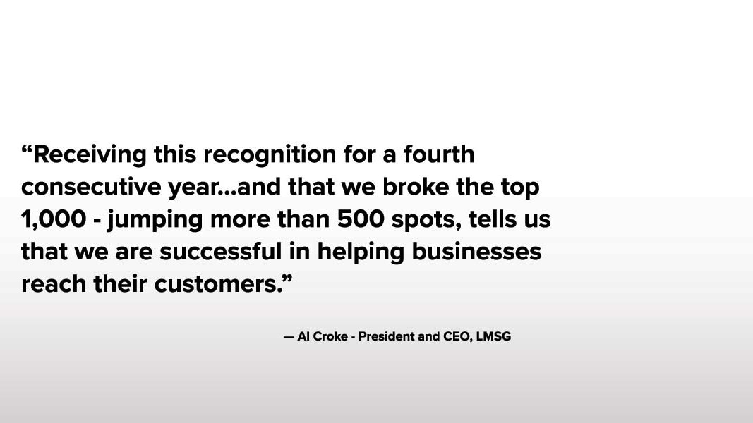 Honored to make it to the <a href="/inc5000/">Inc. 5000</a> list for the 4th time! #LMSG has ranked 801 on the 2021 list – up from 1,314 on the 2020 list – based on a three-year growth rate of 607%. 🙏to our people, solutions, and the clients who continue to partner with us.
➡lmsg.co/local-marketin…