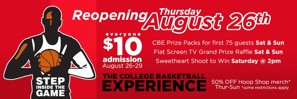TheCBE's tweet photo. BREAKING: The College Basketball Experience is reopening next week! College basketball fans, to thank you for your years of patronage we're offering special rates and lots of giveaways!
#thecbe #kansascitymo #comebackKC #KCheartland #visitkc #howwedokc #kc #kcmo https://t.co/O0uAkGdRf1