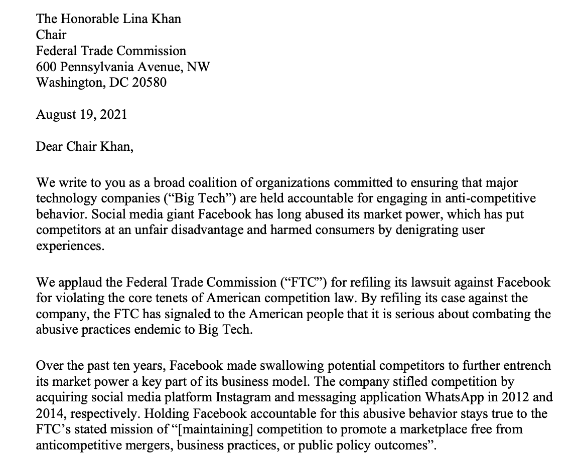 BreakupFBGoogle's tweet photo. Thank you @linakhanFTC for leading the @FTC to re-file its case against @Facebook &amp; sending a clear signal to *all* Big Tech companies that their days of illegal monopolization practices are numbered. 👏

Check out the letter we sent to Chair Khan today to learn more 👇 https://t.co/42s73rXzPA