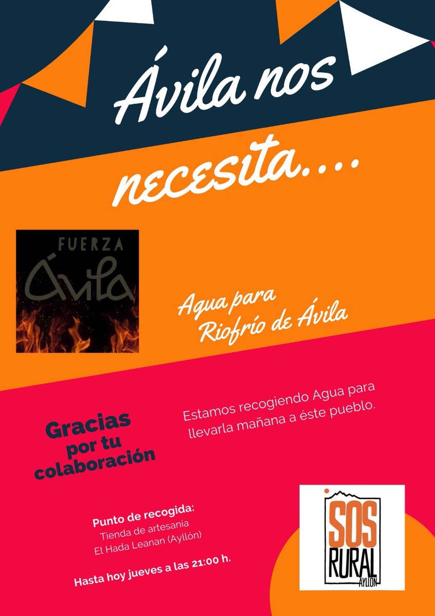 Muy buenas, desde Sos Rural Ayllon se está preparando una furgoneta para realizar un envío solidario mañana viernes 20 de agosto, con agua mineral para consumo humano, con destino a la localidad de Riofrío de Ávila. bidones de 5 litros  hasta las 20:00 de hoy jueves 19 de agosto