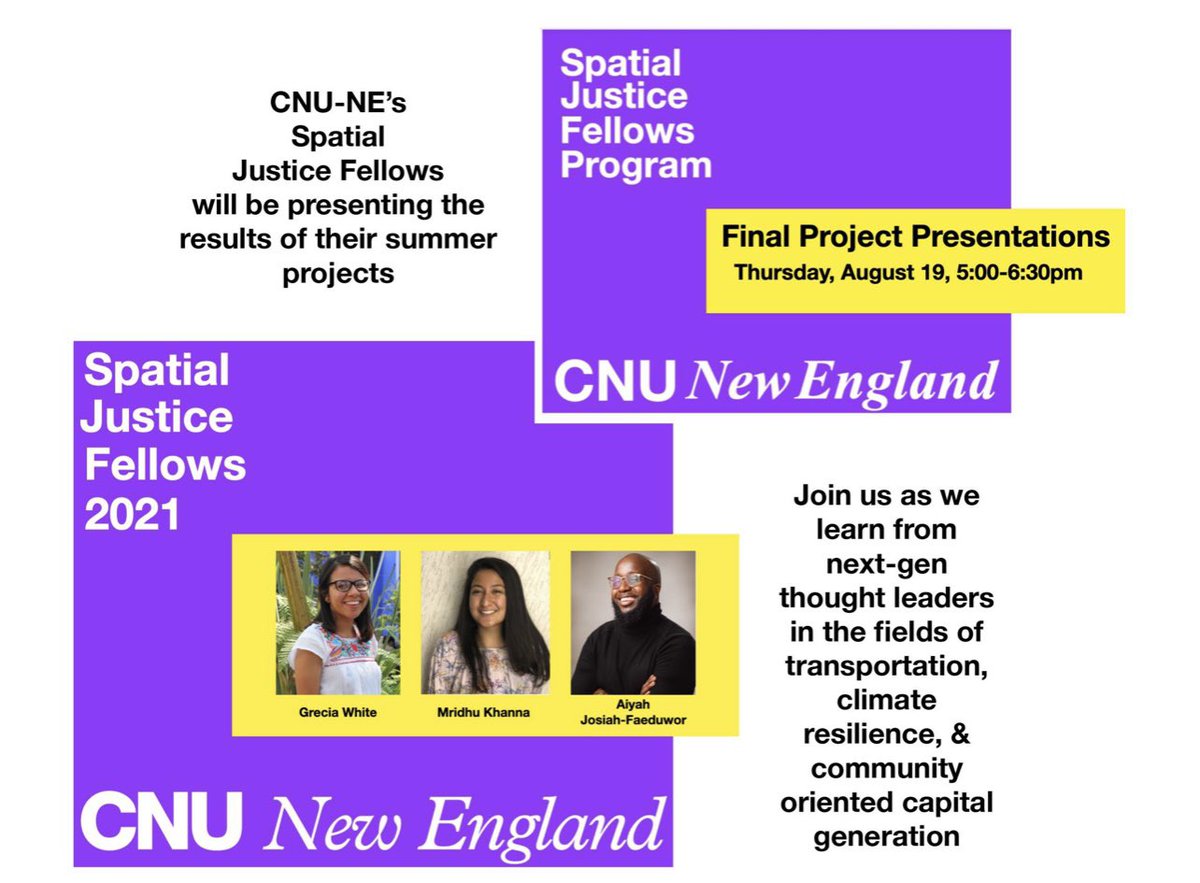 TONIGHT!! 5-6.30pm!
Join us for our Spatial Justice Fellows’ final Presentations and let’s raise a toast to these next-gen thought leaders!
us02web.zoom.us/meeting/regist…

#spatialjustice #Transportation #climateresilience #congressforthenewurbanism #Fellowship