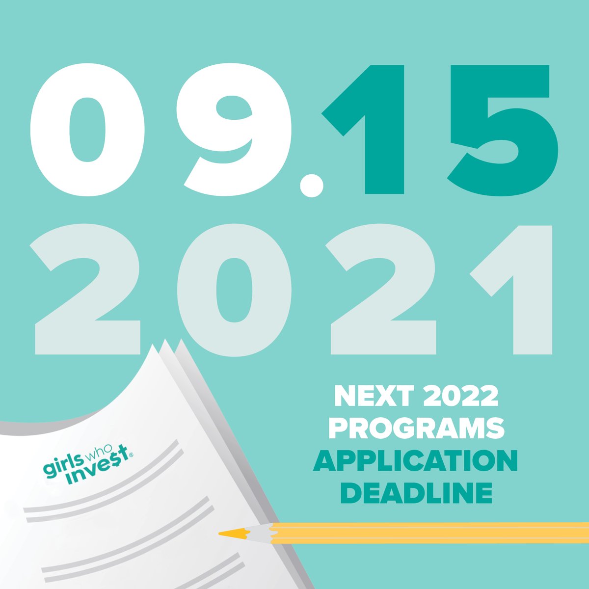 Grab a pen and mark your calendars! Wednesday, September 15th is the next application deadline for our 2022 Programs. Click the link below for more information! girlswhoinvest.org/our-programs