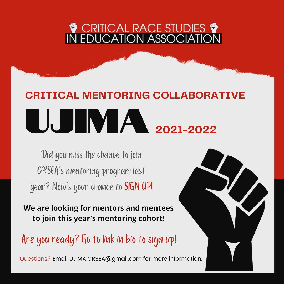 CRSEALeadership's tweet photo. CRSEA UJIMA Mentoring program!

Ready to mentor grad students or early career scholars? Go here: https://t.co/7glIh2mOK6

Do you need a mentor? Apply here: https://t.co/smruDMnWI4

Questions? Email: UJIMA.CRSEA@gmail.com https://t.co/e088vBln76
