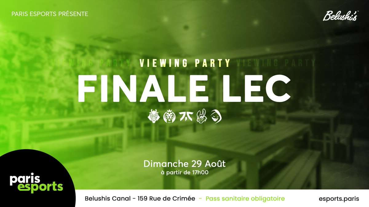 𝙀𝙑𝙀𝙉𝙀𝙈𝙀𝙉𝙏 ⚫️🟢

À l'occasion de la Finale du #LEC, nous vous donnons RDV au <a href="/Belushis_Paris/">Belushi's Paris Canal</a> Canal pour une viewing party exceptionnelle 🎉

Dimanche 29 août dès 17h, venez rencontrer notre staff, profiter de réductions et assister au match dans une ambiance de folie 🔥