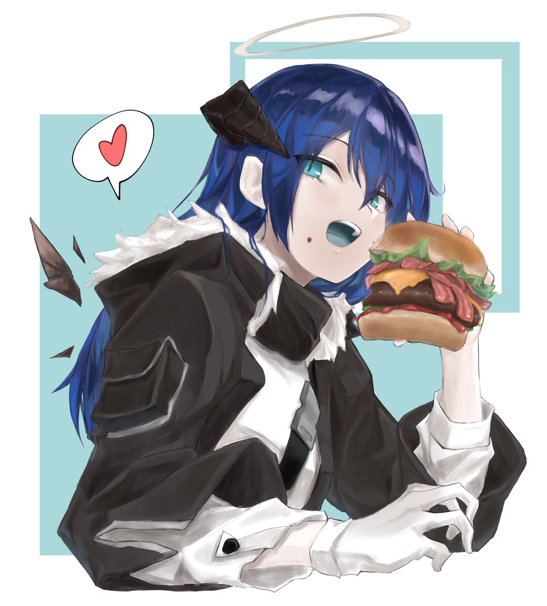 mostima (arknights) 1girl food horns halo solo blue hair burger  illustration images