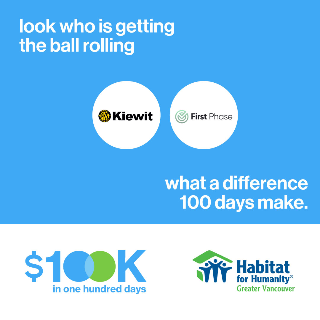 The 100 Day countdown has begun! Our incredible launch partners <a href="/kiewit/">Kiewit</a>  and @firstphasemedia have got the ball rolling by donating to our new $100k in 100 Days campaign. There are 81 days left to go….will you join us? habitatgv.ca/100in100