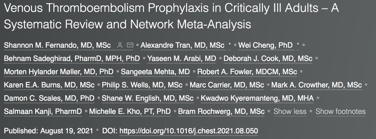shanfernands's tweet photo. 🧵 ICU patients are at high risk of DVT/PE, so what therapies should be used (if any) for prophylaxis?

Our new @accpchest SR/NMA compared 5 therapies for VTEp: LMWH, UFH, compression therapy, combination of pharm/compr, and placebo.

What did we find?
https://t.co/tHLNMmAKVX https://t.co/ycphdeq37t