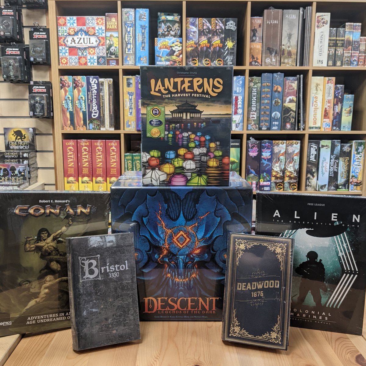 Some exciting new games have arrived this week! 

Rpgs set in the worlds of Conan and Alien, epic dungeon-crawler Descent: Legends of the Dark, as well as the beautiful tile-placing game Lanterns and the latest volumes in the 'Dark Cities' series; Deadwood 1876 and Bristol 1350.