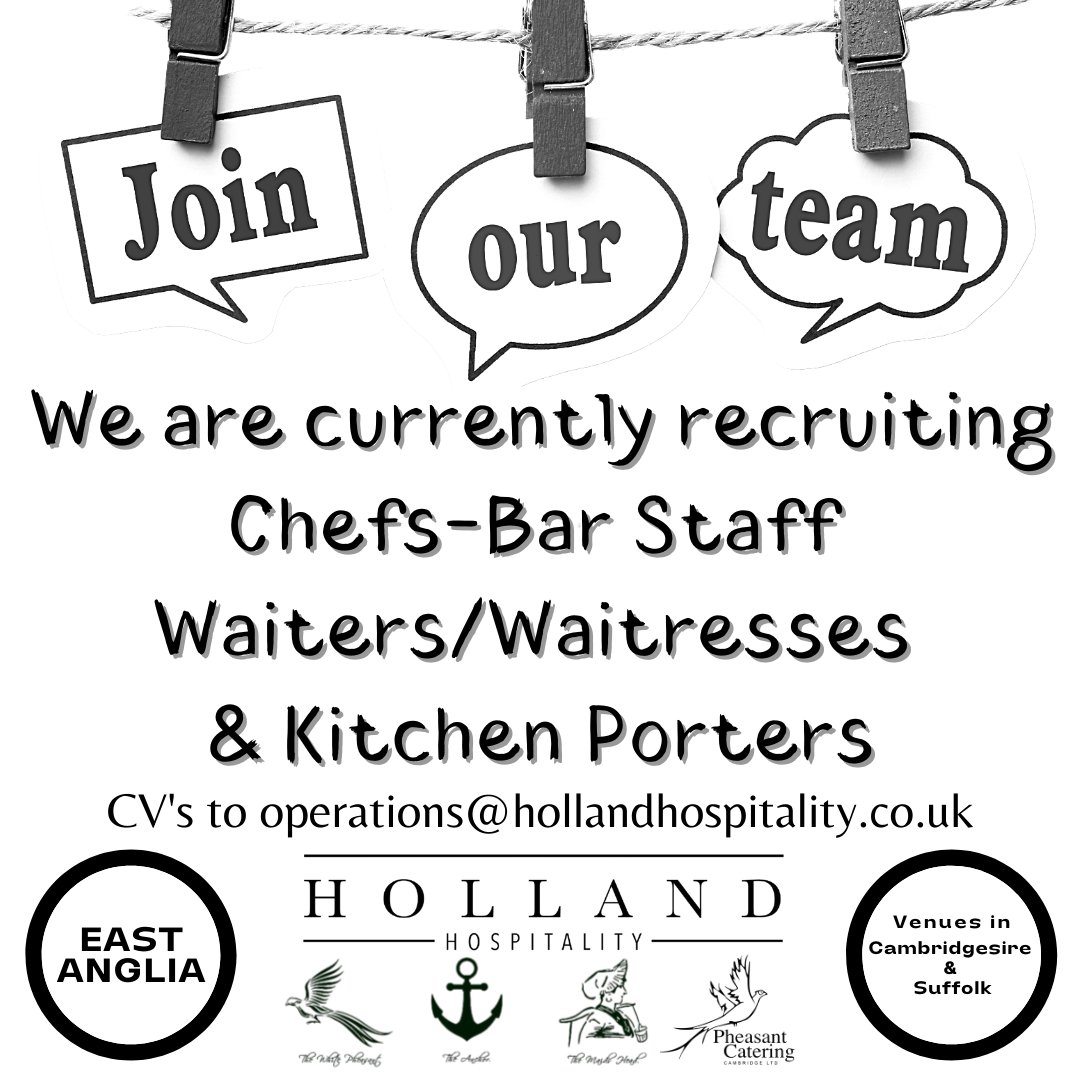 **Recruiting Now** Time for a new challenge?
Come &amp; join one of #EastAnglias elite #hospitality groups with venues in #cambridgeshire &amp; #suffolk
CVS ONLY in the first instance please to operations@hollandhospitality.co.uk #chef #chefs #michelinguideuk #2aarosettes #topratesofpay