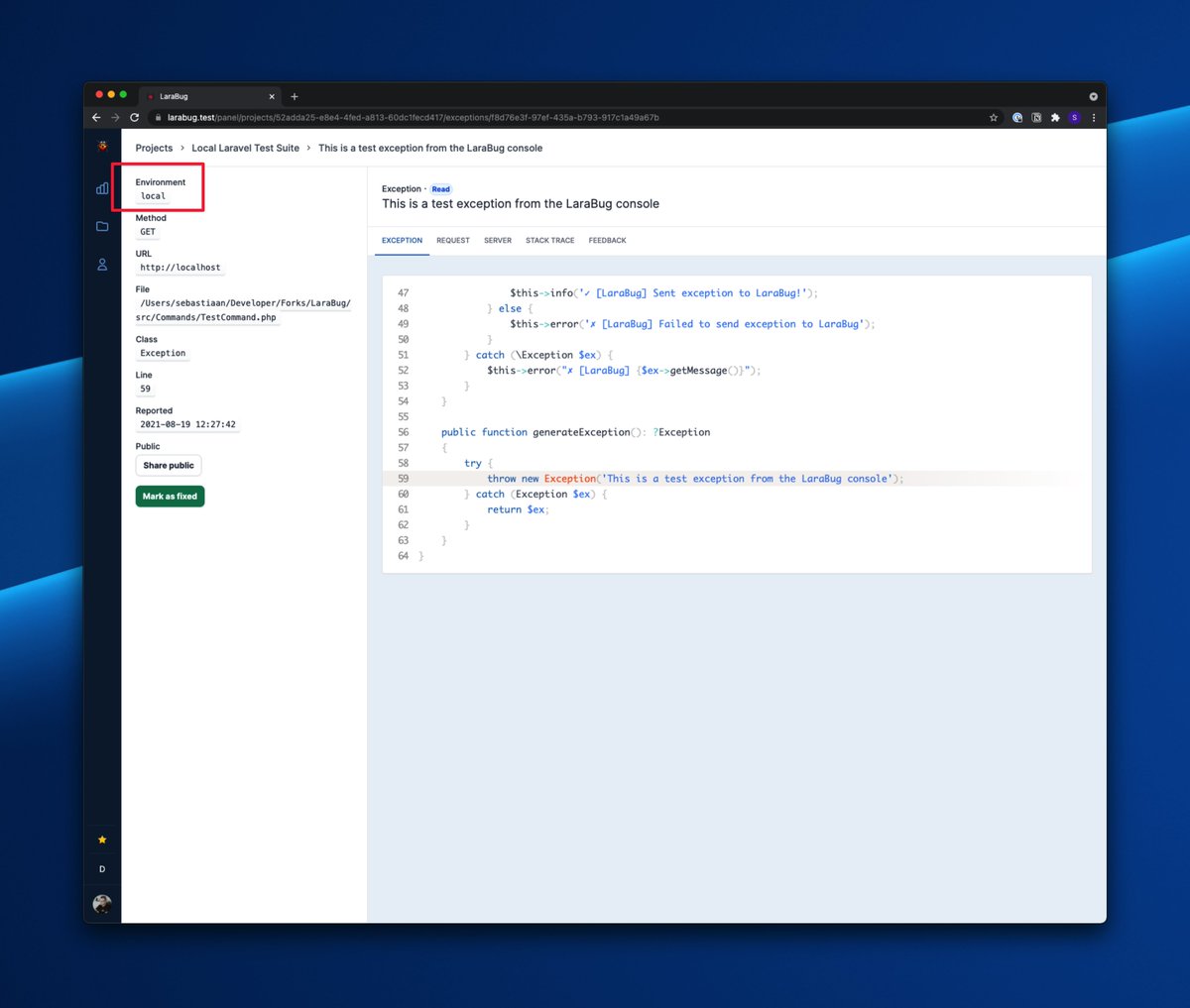 Awesome new update!

You may now view the environment where its been reported from ✅

larabug.com

Thanks for this PR <a href="/SebastiaanKloos/">Sebastiaan Kloos</a> 🤩