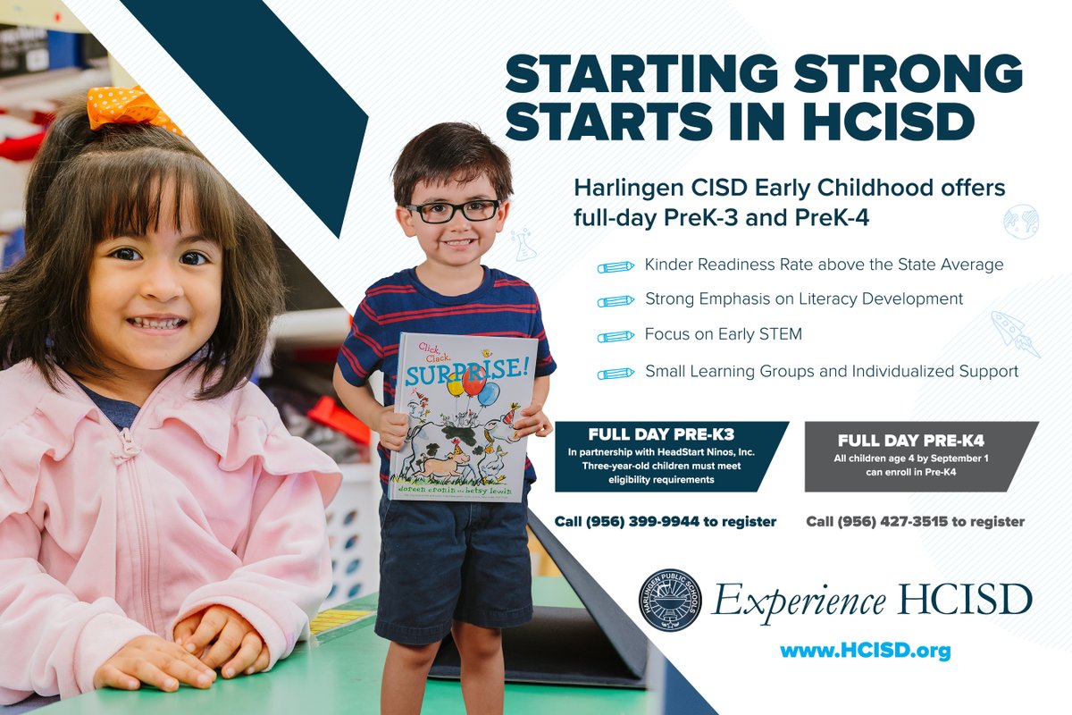 Did you know our HCISD Early Childhood program offers full-day PreK-3 and PreK-4?

Starting strong starts in HCISD! Registration for our Early Childhood program is still open; enroll your child today. For more information please visit hcisd.org.