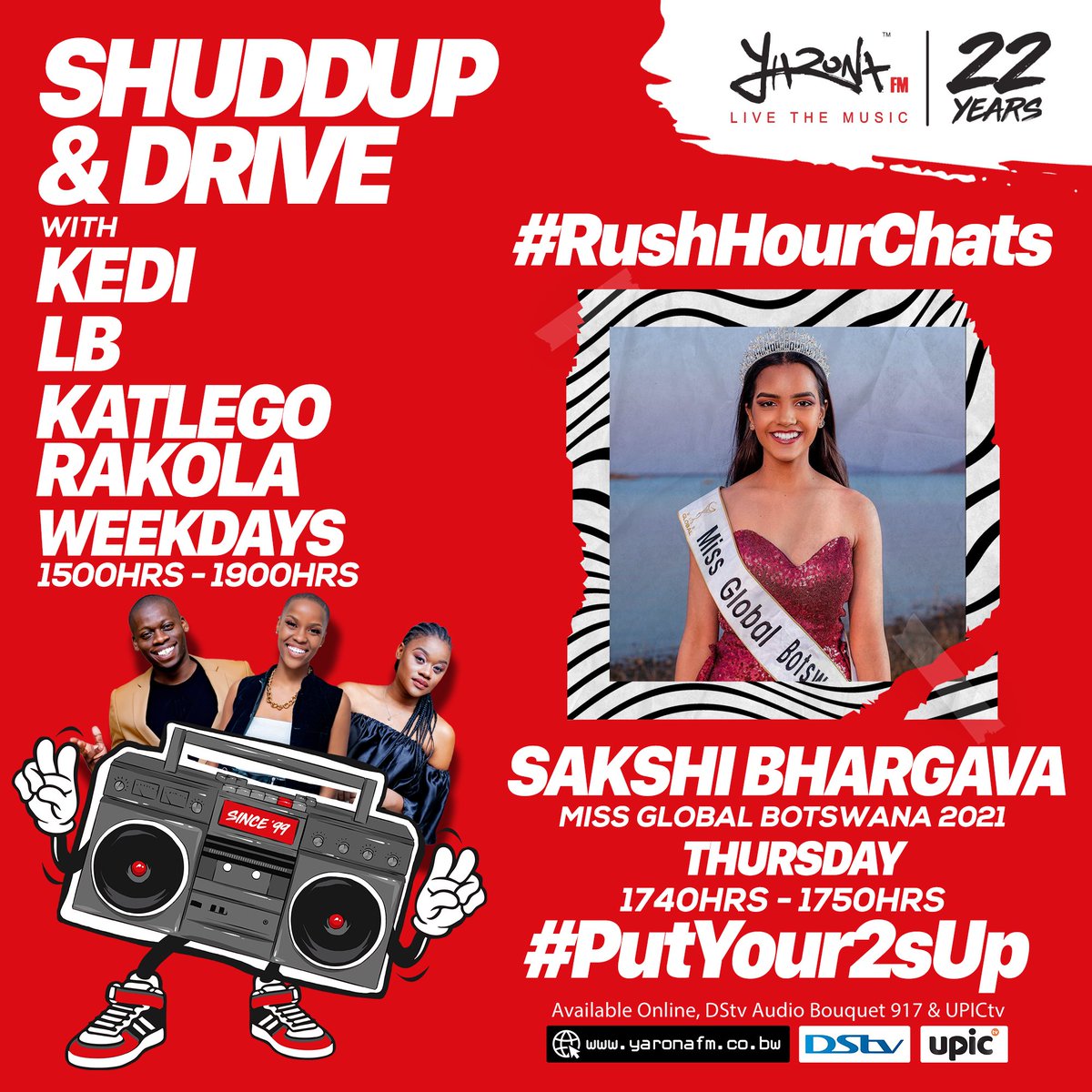 yaronafm's tweet photo. #PutYour2sUp
TUNE IN to the HOTTEST frequency in BW with the co-host of the 7th #YAMAs @LezozoOnAir on Shuddup and Drive!! 📻🎶 She's got Miss Global Botswana on #RushHourChats! 🎵🔥 🎶
#YaronaFM #ShuddupandDrive
📢Re checke!
📲Whatsapp: +267 74751545
📲SMS : 16106 https://t.co/GDRaaegEQG