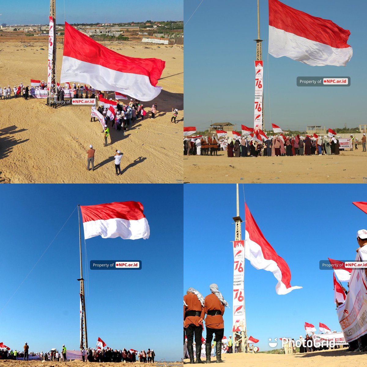 Warga Palestina mengibarkan bendera merah putih uk 100 M2 dgn bangga sbg tanda cinta &amp; persaudaraan serta ikut merayakan HUT RI ke 76. Disini masih sj ada buzzer yg nyinyir ketika bendera Palestina dikibarkan bersanding dgn merah putih.😩