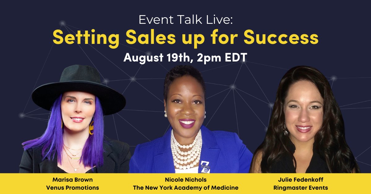 Accelevents's tweet photo. TODAY join Nicole Nichols from @NYAMNYC, Marisa Brown, and Julie Fedenkoff as they discuss Setting Sales up for Success in the events industry! #EventProfs #EventProfsTalk #EventTalkLive #ETL2021
Register for Free: https://t.co/ZiqVUmgOId https://t.co/tFjOotNSbG