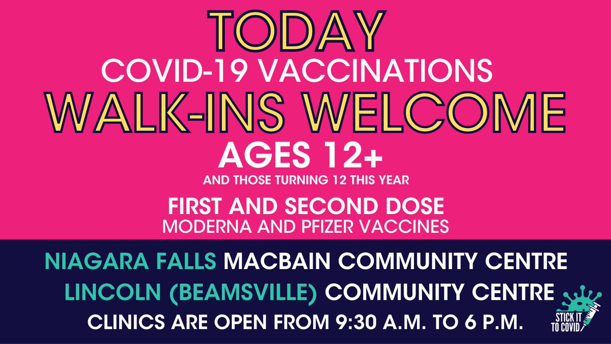 NRPublicHealth's tweet image. TODAY! Walk-ins are welcome at our COVID-19 vaccine clinics in @NiagaraFalls &amp;amp; @TownofLincolnON. 
✅Anyone age 12+ and those turning 12 this year
✅1ST &amp;amp; 2ND dose
✅Moderna &amp;amp; Pfizer vaccines are available
✅No appointment or health card needed

Learn more: niagararegion.ca/covid-vaccine