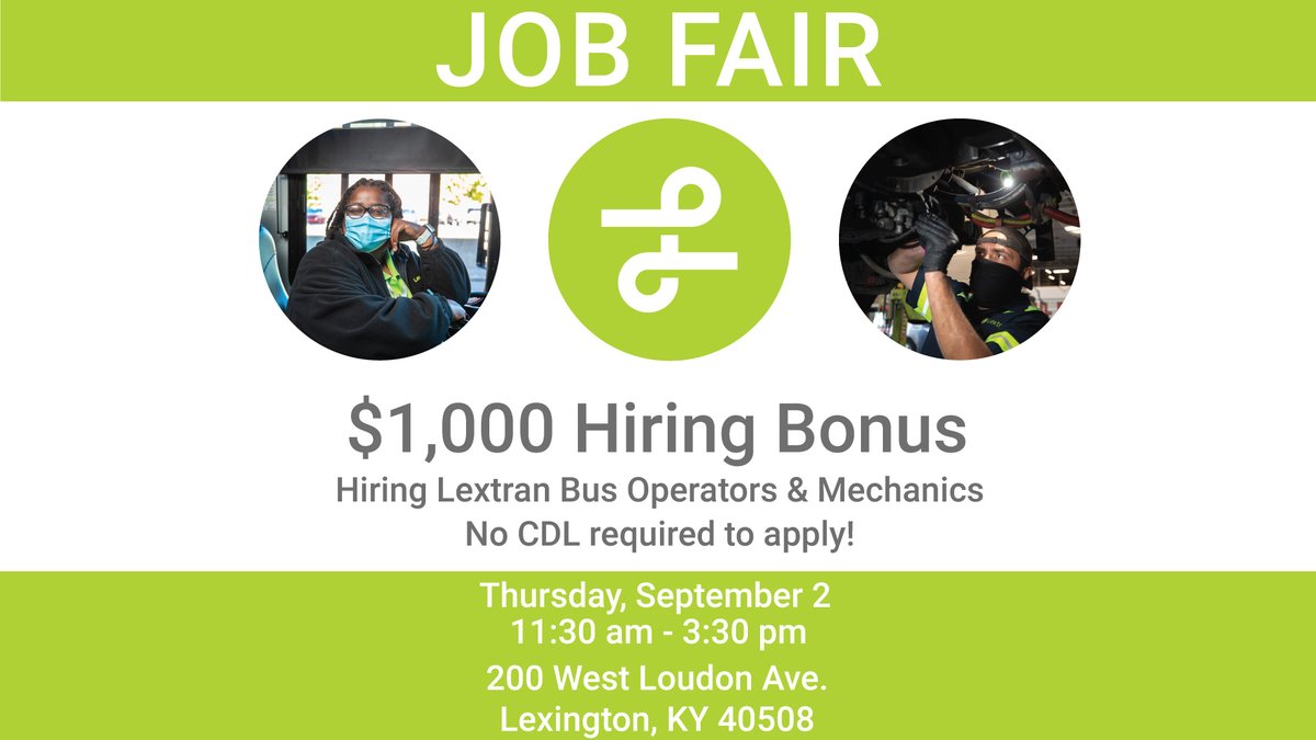 Lextran's tweet image. Join Lextran tomorrow starting at 11:30 am for their job fair! 🚌 Learn more about the bus operator and maintenance positions and meet current Lextran employees. Apply online at lextran.com/work-with-us/c…! #WeMovePeople #Hiring #BusOperator #Mechanics #CareerOpportunities