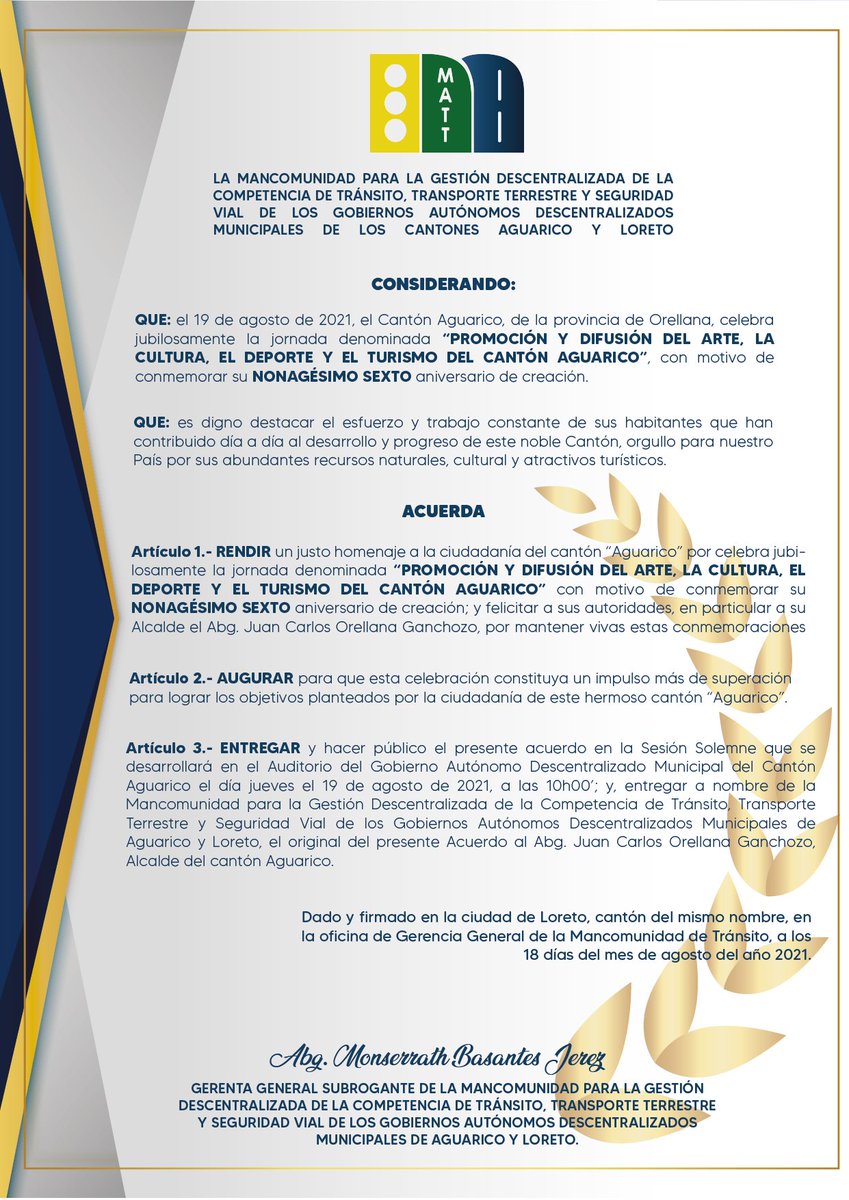 transito_AGLO's tweet photo. #UnDiaComoHoy 🙌 | La Mancomunidad de Tránsito de Aguarico y Loreto, extiende un saludo de felicitaciones al cantón aguarico por sus 96 años de vida política. @GadAguarico 
Abg.Monserrath Basantes. - GERENTE (E) MATTTSV https://t.co/aDv78wg0PF