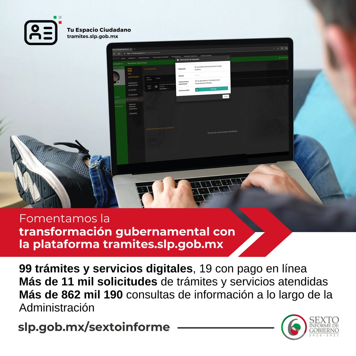 #ProsperamosJUNTXS | Fomentamos la transformación digital en #SLP a través de la Plataforma de Trámites, la forma innovadora de realizar trámites y servicios a través de un espacio digital disponible en tramites.slp.gob.mx.

Consulta más: slp.gob.mx/sextoinforme