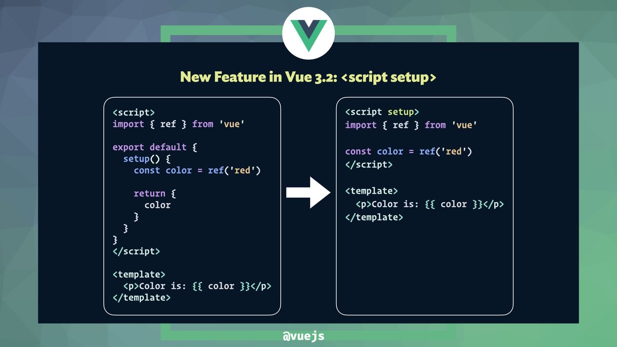vuejs's tweet image. If you're only using the Composition API in a component, check out the new `&amp;lt;script setup&amp;gt;` block which allows you to write Composition API code in a more concise way!

For more info, check out the official docs at v3.vuejs.org/api/sfc-script…