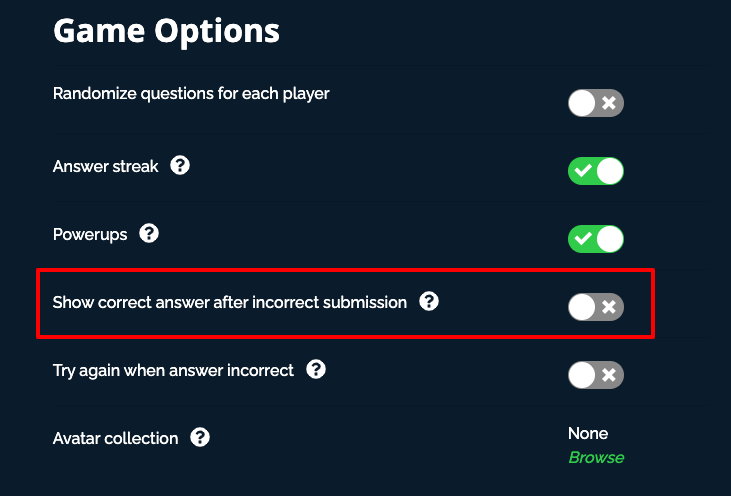 ✅ New: you can now hide correct answers during the game. This is helpful if you have trouble with students joining again after knowing all the right answers 👍