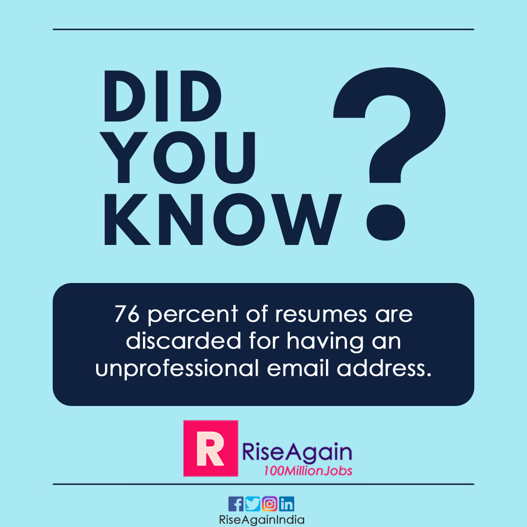 76 percent of resumes are discarded for having an unprofessional email address. 

#RiseAgain #RiseAgainIndia #DidYouKnow #Facts #JobFacts #Job #employment #recruitment #jobvacancy #jobseeker #jobsearch #jobportal #recuiter #hr #jobs