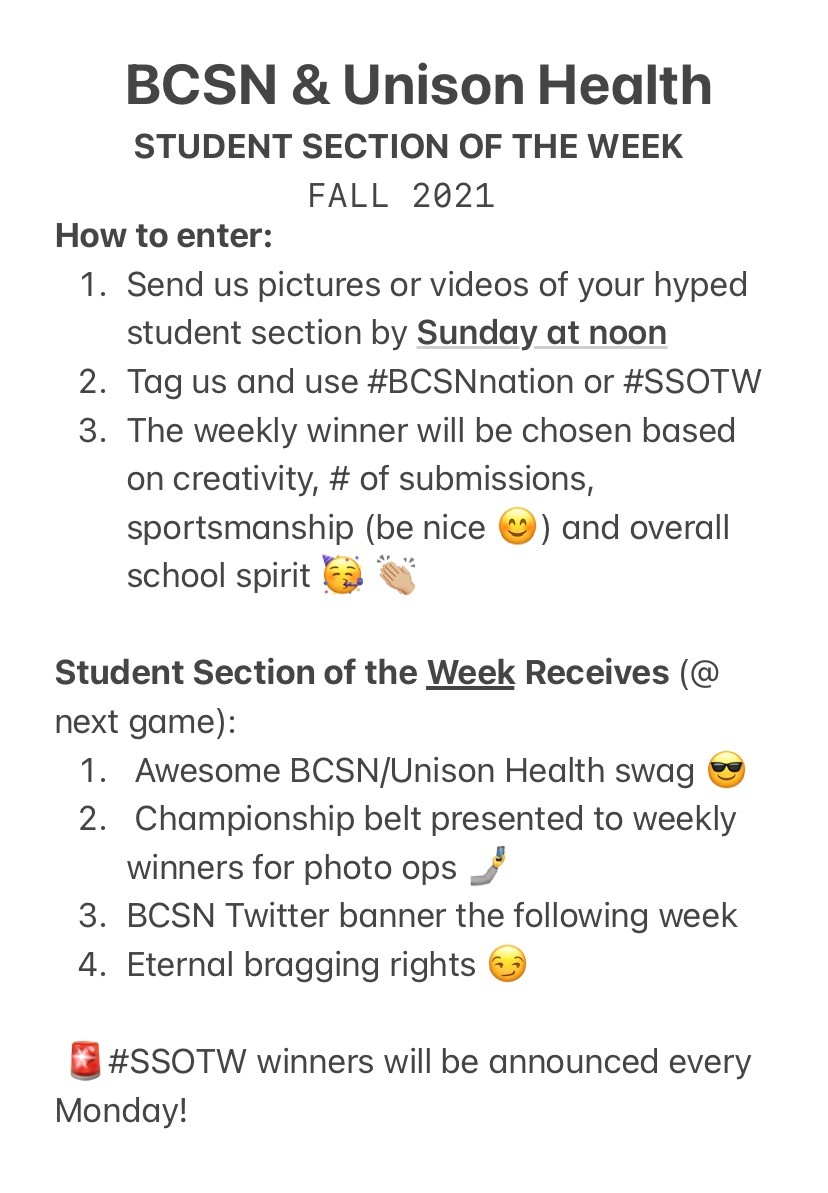 BCSNsports's tweet photo. 🚨🔥STUDENT SECTIONS🔥🚨

Who's going to claim the @UnisonHealthTol #SSOTW BELT?! Let's see what you got! 😤 

#BCSNnation #SSOTW https://t.co/qZcFs6OyJ5