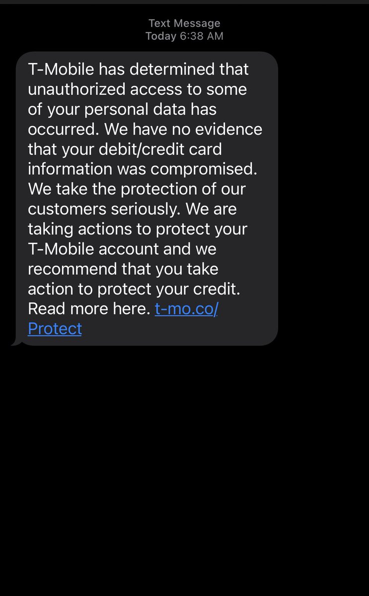 bornofajackall's tweet image. @TMobile bought my phone provider and now I get this text. Y’all. I’m so mad. Anyone else get this bullshit? #tmobilehack #databreach #tmobiledatabreach