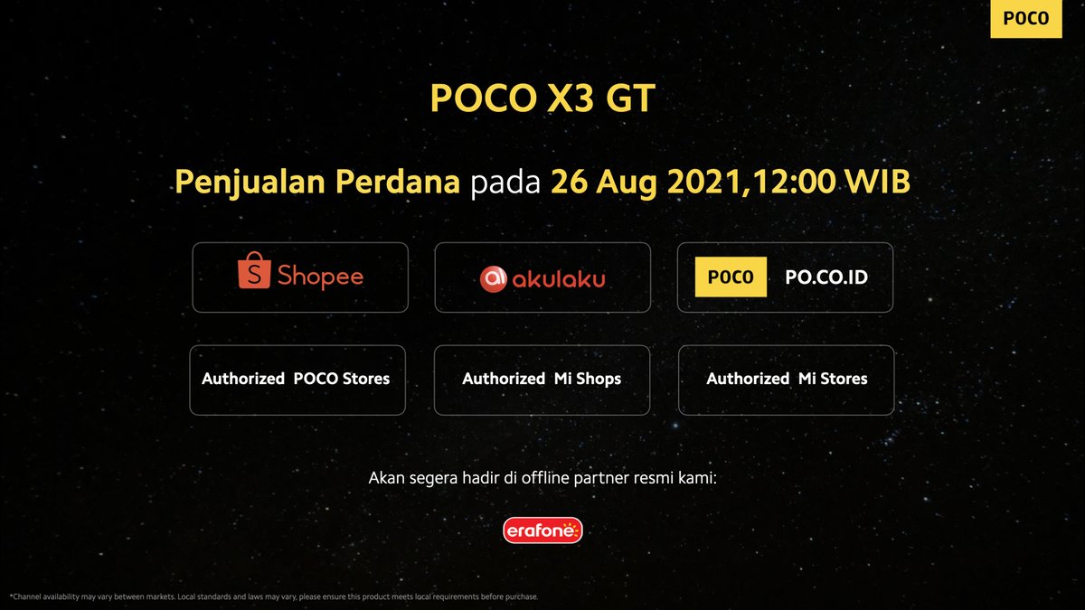 POCO_ID's tweet photo. #POCOX3GT 
8+128GB: Mulai dari Rp. 4.199K*
8+256GB: Mulai dari Rp. 4.599K*
-
Pre-order: Mulai malam ini jam 20.30 WIB di Shopee, Akulaku, dan https://t.co/xbnGQCkHhJ.
1st Sale: 26 /08/21 di Shopee, Akulaku, dan juga https://t.co/xbnGQCkHhJ
-
*Harga perkenalan 19-26 Agustus 2021 https://t.co/JzfZErEEju