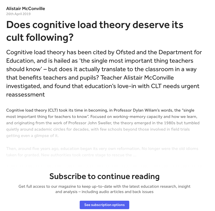 JNolanHistory's tweet photo. I am looking to read this article on TES about Cognitive Load Theory for research. I don't have a paying TES account and struggling to find it elsewhere, does anyone have a copy/know where I could read this please? https://t.co/q51wWM0xU7