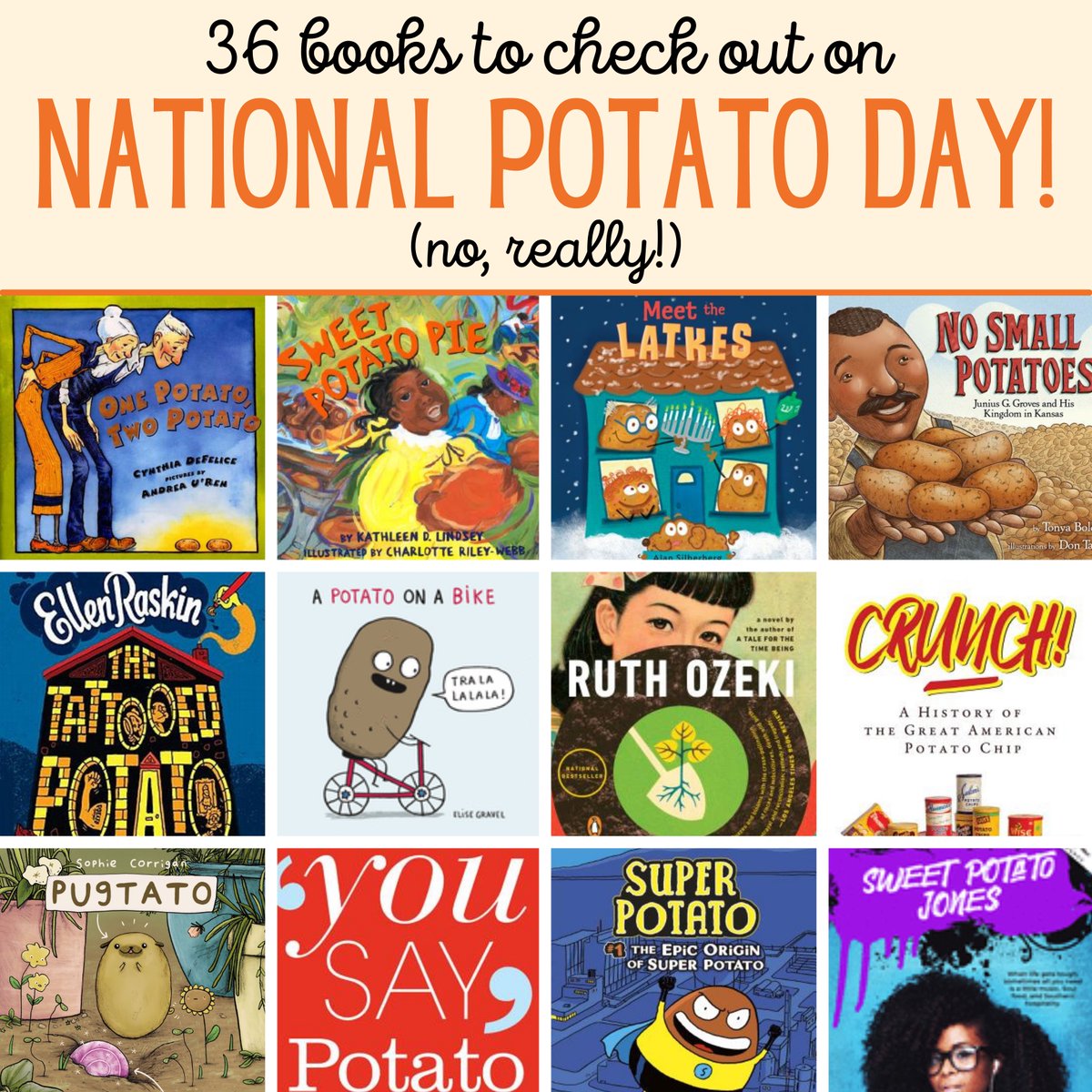 HAPPY NATIONAL POTATO DAY!!!! I've compiled a mega list of spud-themed books to read, from picture books through grown-up goodies. Check out my blog to see them all--You won't be disa-POTATER-ed! 
lisagraff.com/blog/a-bushel-…