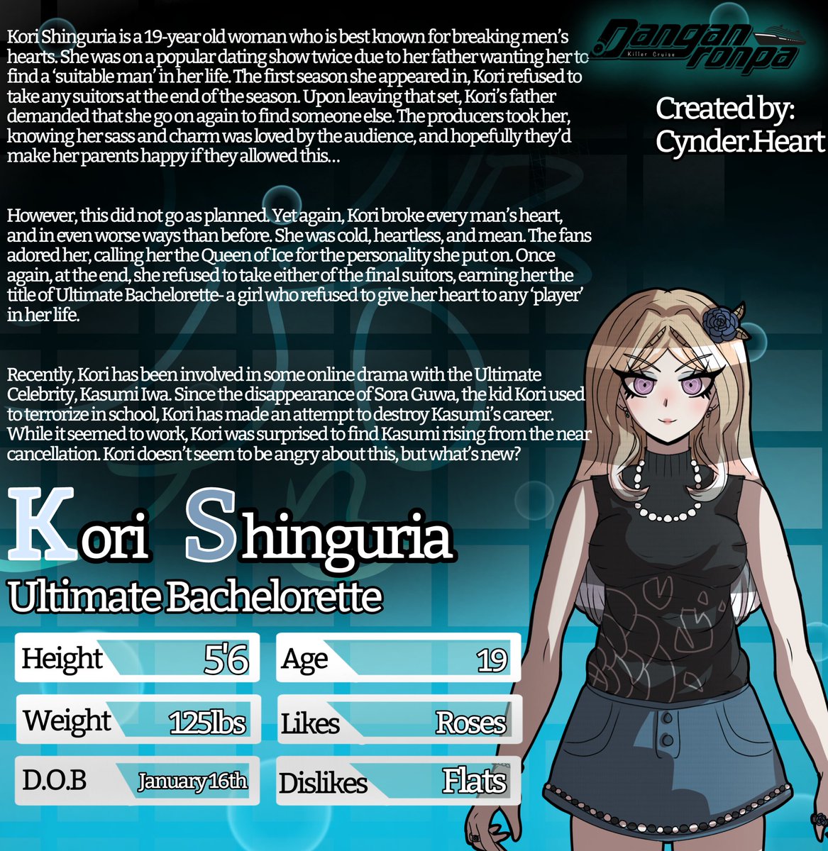 DRKillerCruise's tweet photo. Welcome back to our character reveal! Today we have Kori Shinguria, the Ultimate Bachelorette. She is owned by @cynderheartt and the art has been done by @Ripple48530055 https://t.co/8K4jHCKmW8
