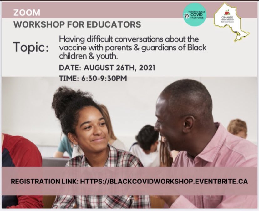 This workshop is being offered for educators to support discussion related to vaccines with Black families and youth by the Black Scientist Taskforce and <a href="/ONABSE/">ONABSE</a>. Please share <a href="/brookhaven_ps/">Brookhaven Public School</a> <a href="/PelmoParkPS/">Pelmo Park PS</a> <a href="/WestonCI/">Weston CI</a> <a href="/GAPS_TDSB/">George Anderson P.S.🇨🇦</a> <a href="/TDSB_Gracefield/">TDSB_GracefieldPS</a>
