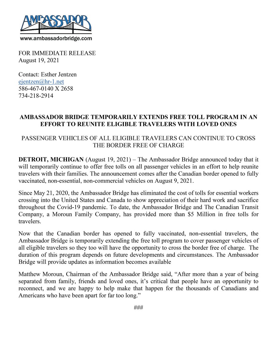 Ambassador Bridge Temporarily Extends Free Toll Program in an effort to reunite eligible travelers with loved ones.