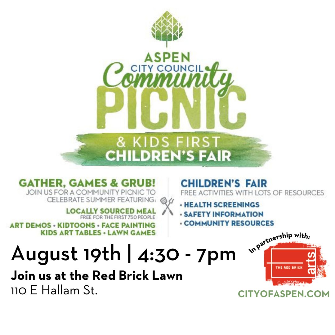 cityofaspen's tweet image. We hope to see you tonight from 4:30 -7 pm at the annual City Council Community Picnic at the Red Brick lawn.  See old friends and make new ones.  Free locally-sourced food for the first 750 people, plus Children's Fair with fun activities for kids.