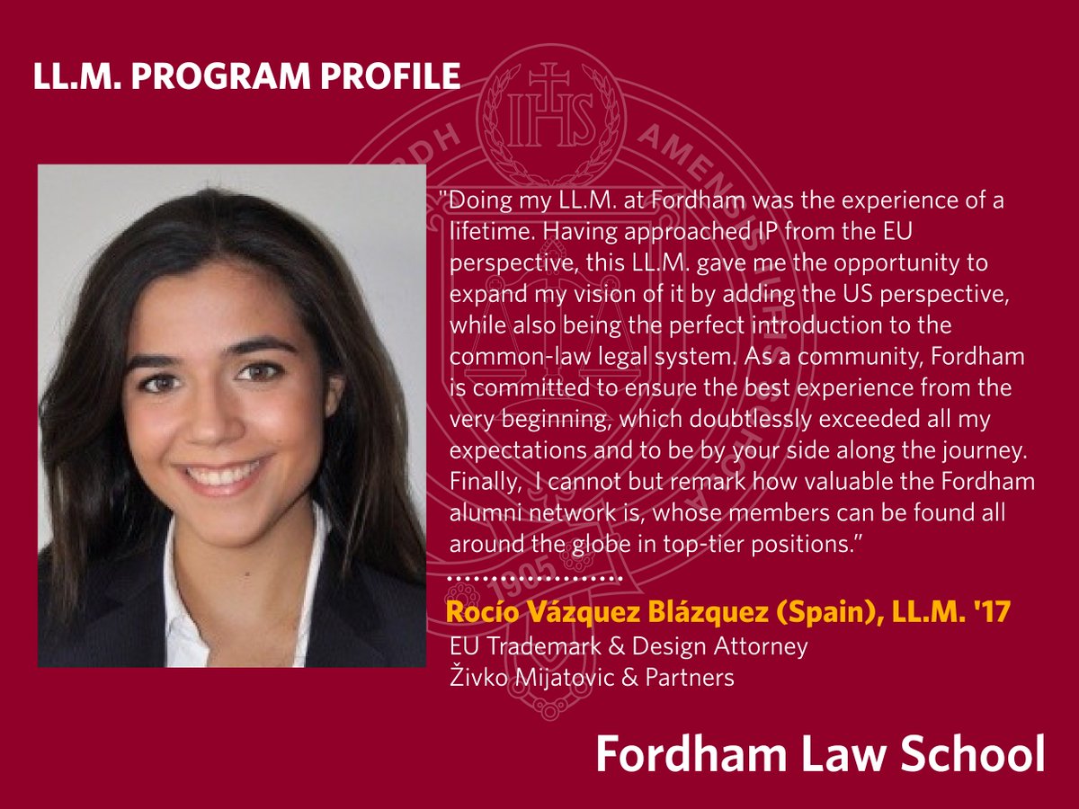FordhamLawINTL's tweet image. #LLM Program Profile - Rocío Vázquez Blázquez (Spain), LL.M. &apos;17
EU Trademark &amp;amp; Design Attorney
Živko Mijatovic &amp;amp; Partners

#FordhamLaw #LLMAlumni