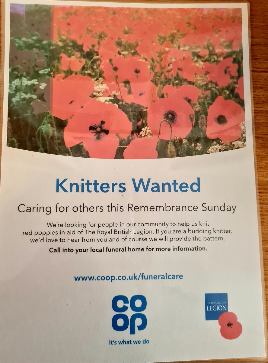 Co-op Funeralcare , Shrewsbury are once again asking for knitters to assist in knitting or crocheting poppies to raise money for The Royal British Legion. Patterns can be emailed or collected from our office.   <a href="/SamHartland4/">Samantha Hartland</a> <a href="/InfoSouthall/">Grasshopper Lawns and Hedges</a> <a href="/CoopFuneralcare/">Co-op Funeralcare</a>