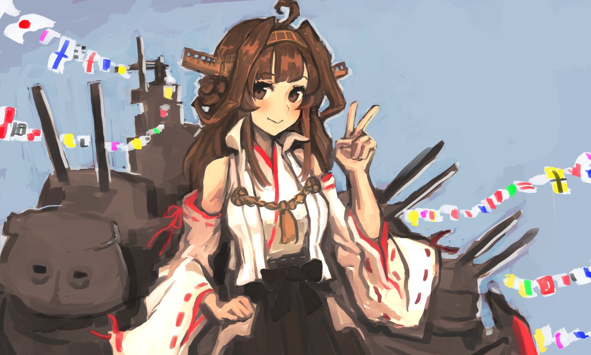 kongou (kancolle) 1girl solo long hair headgear ahoge brown hair skirt  illustration images