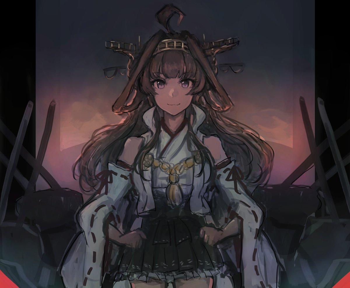 kongou (kancolle) 1girl solo long hair headgear ahoge brown hair skirt  illustration images